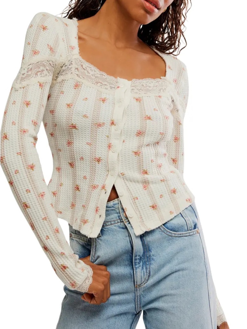 Free People Lets Party Cardi Floral lace trim cotton Waffle Knit long sleeve top